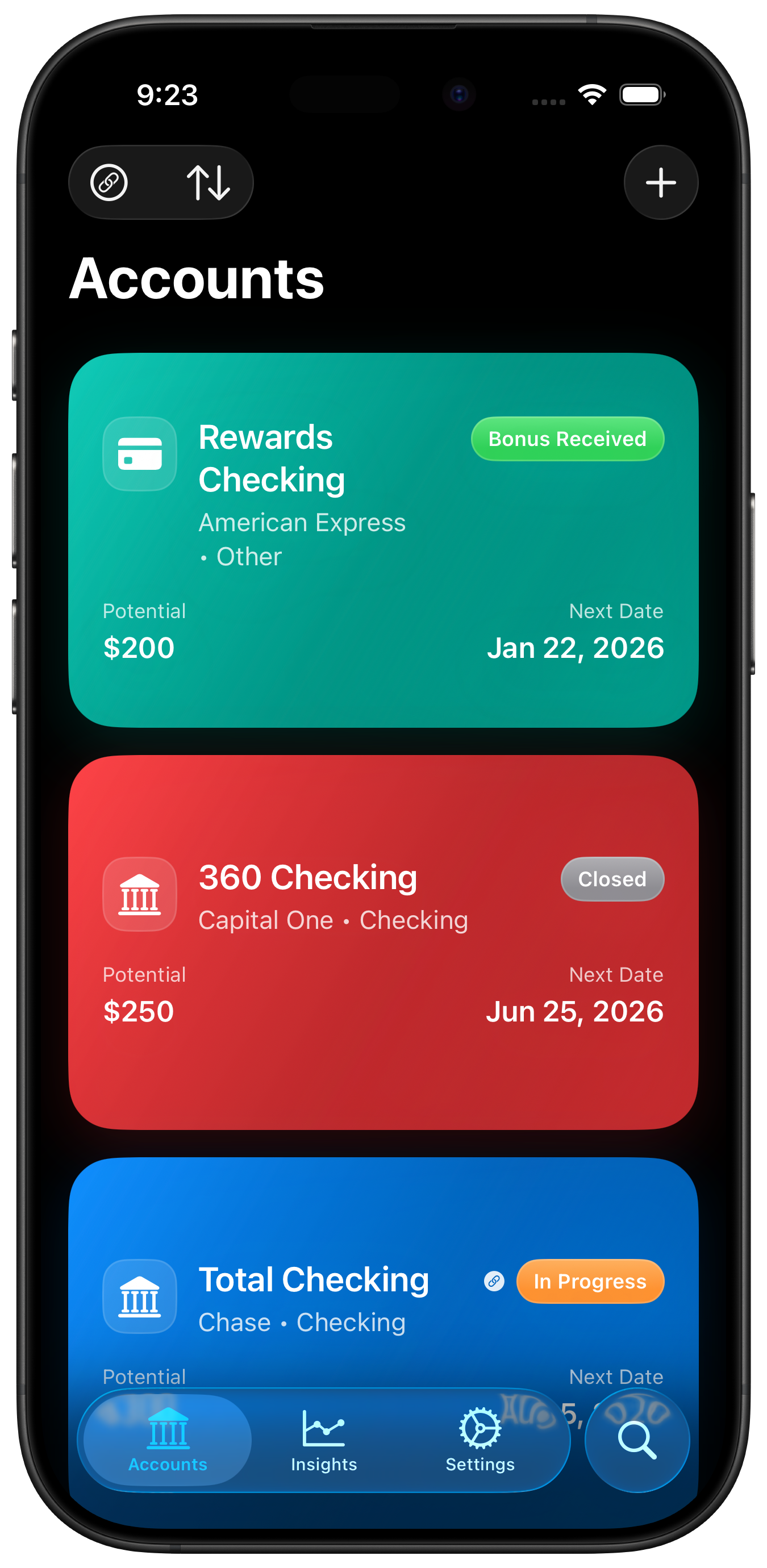Accounts list showing tracked bank bonuses with status and progress