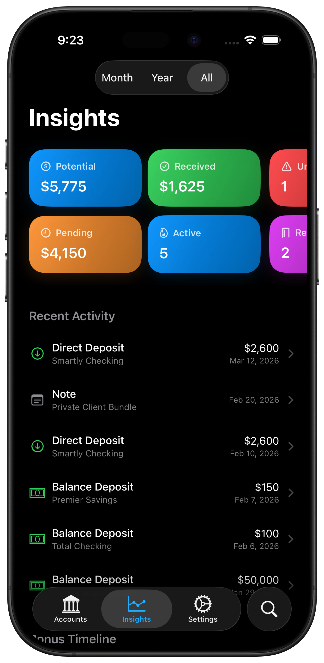 Insights dashboard with earnings summary and bonus charts